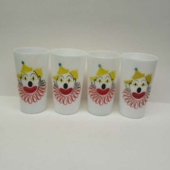 Hazel Atlas Glass Milk White 5 Inch High CLOWN Tumblers, Set of Four - Picture 2 of 4